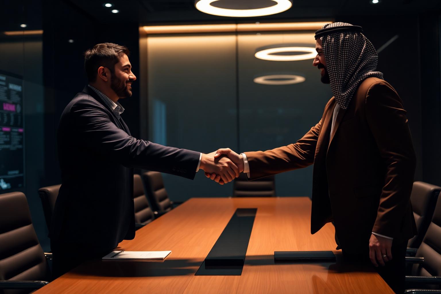 Partnership handshake in UAE boardroom
